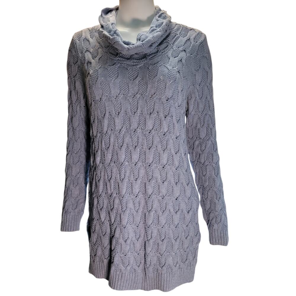 Cable Knit Sweater Dress Large Blue Cowl Neck Cozy Textured Winter Outfit